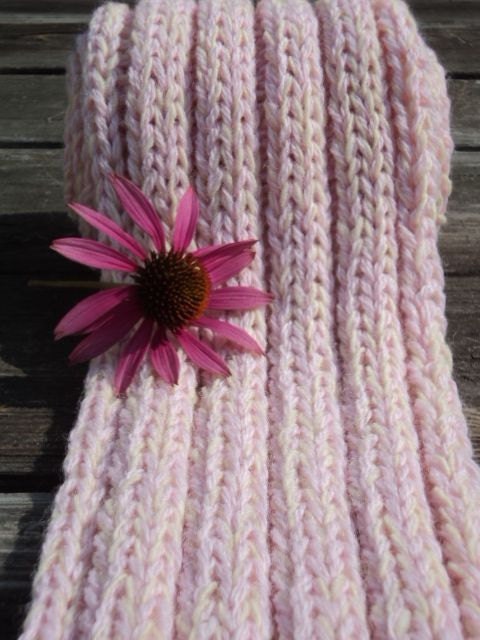 Clearance, 50% off, Hand Knitted Wool Scarf, Pink/Cream