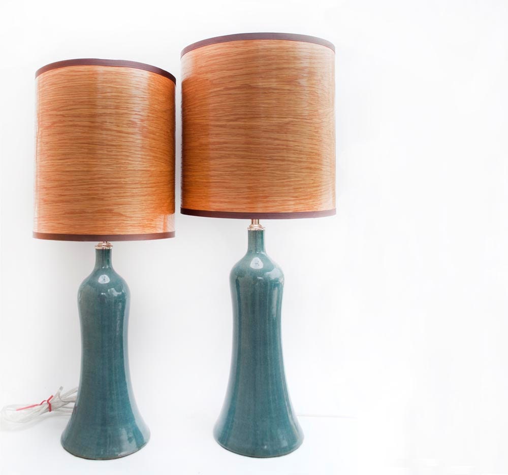 Pair of Ceramic Teal Lamps with Oak Veneer Shades