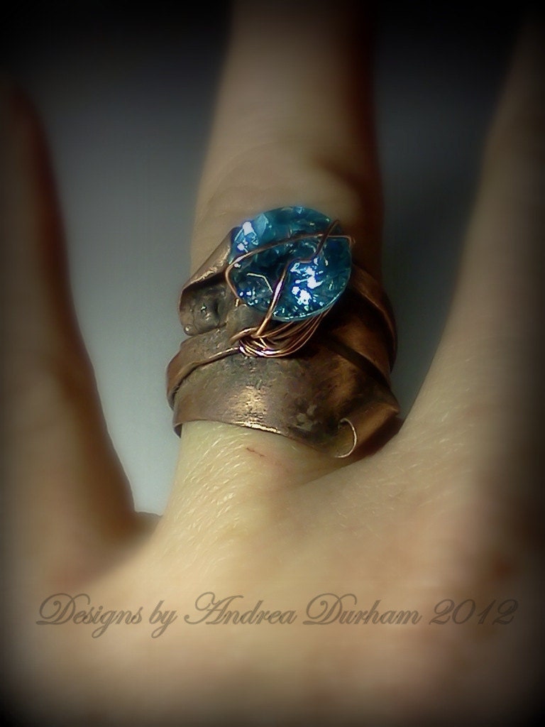 Copper Ring OOAK , Industrial Chic, Blue Topaz CZ , Wire wrapped Copper ring