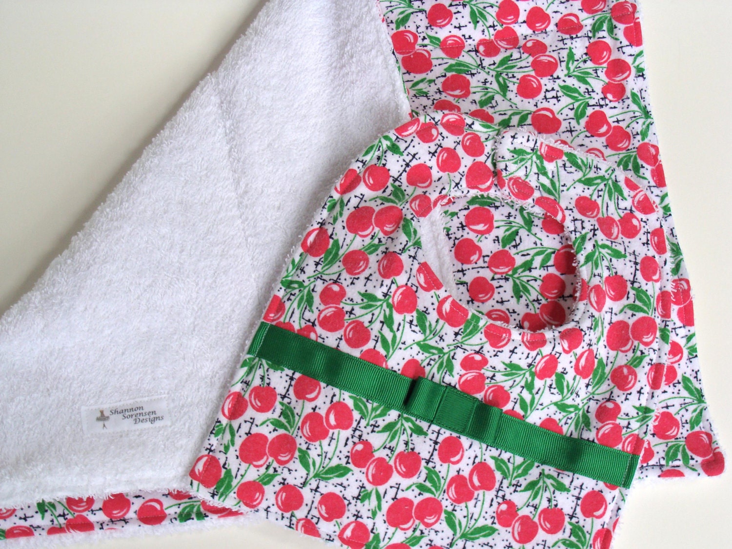 Baby Girl Bib and Burp Cloth Set Royal Cherries - with Spring Green Accent bow - Absorbent Flannel and Terrycloth