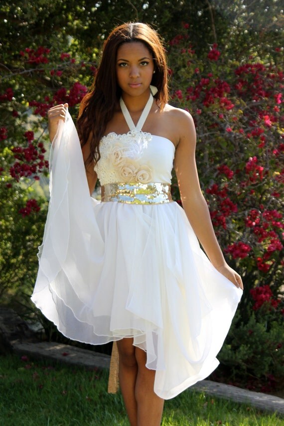 Golden Sash and Ivory Floral wedding and Bridesmaid Dress