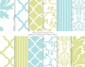 French Blue and Green - Damask Floral Digital Paper Pack - 12"x12" - 300 dpi - 12 Digital papers Il_170x135
