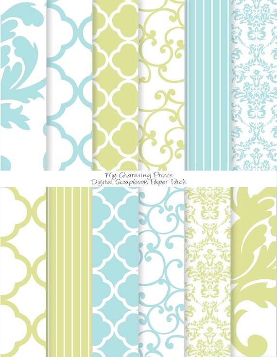 French Blue and Green - Damask Floral Digital Paper Pack (8 1/2 x 11"-300 dpi) - 12 Digital papers Il_570xn
