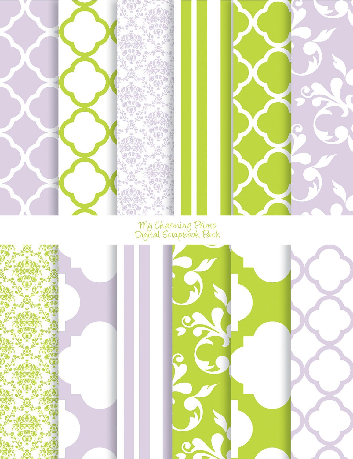 Lavender and Green - Damask Floral Digital Paper Pack (8 1/2 x 11"-300 dpi) - 12 Digital papers Il_570xn