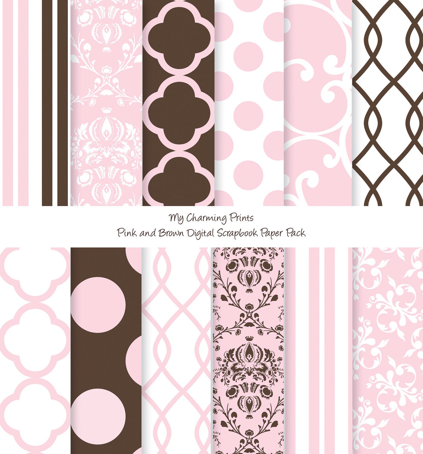 Pink and Brown - Digital Paper Pack - 8 1/2"x11" - 300 dpi - 12 Digital papers Il_570xn