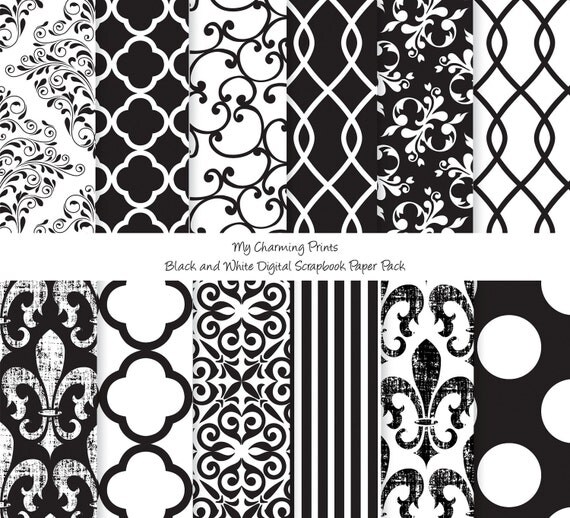 Black and White - Digital Paper Pack - 12"x12" - 300 dpi - 12 Digital papers Il_570xn