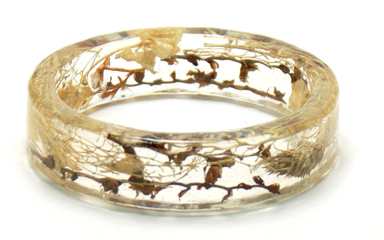 Bangle Bracelet Brown, Tan, Cream and Beige Dried Flowers and Foliage in Crystal Clear Shiny Resin