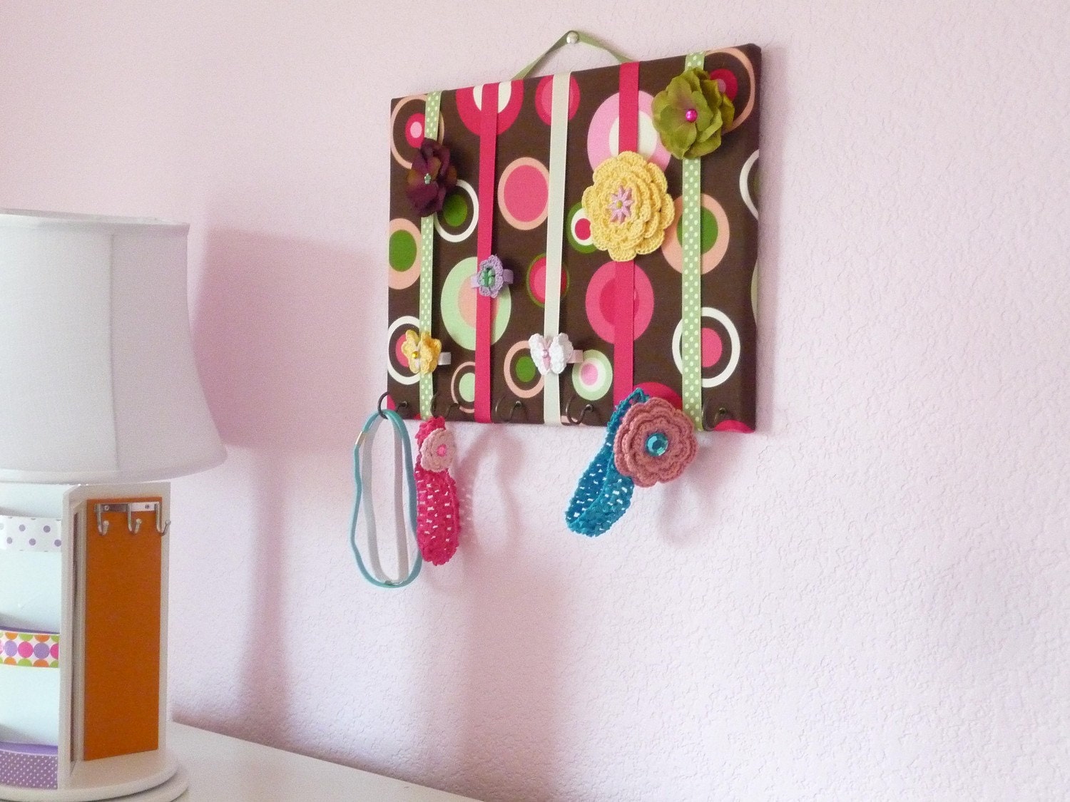 MEDIUM Brown Dots Pink Hair Bow Holder Accessory Organizer Headband Holder