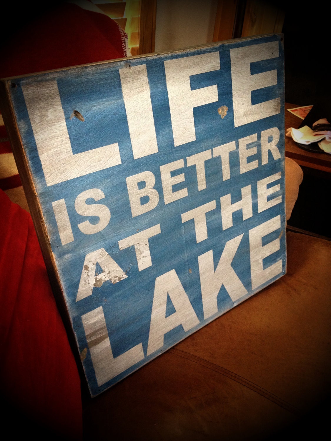 Life is better at the Lake - distressed rustic subway style wood sign - Several colors - for your lake house, cabin, camper