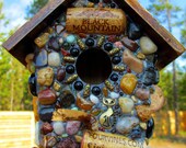 Mosaic Zin Birdhouse with Black Glass, Wine Corks and Stones
