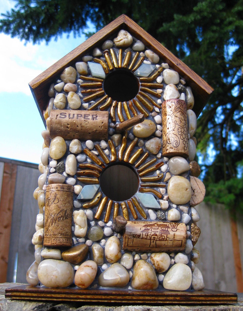 Outdoor Wine Cork Birdhouse with gold accents