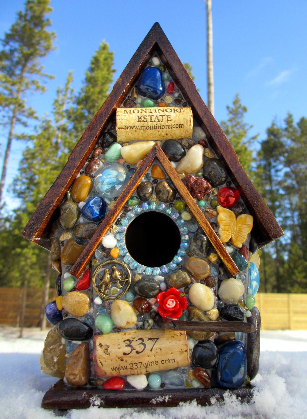 Mosaic Birdhouse with Blue Gem Stones and Wine Corks "337 Montinore Estate"