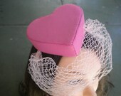 pink pillbox hat heart shaped  with pink birdcage netting rockabilly pinup burlesque