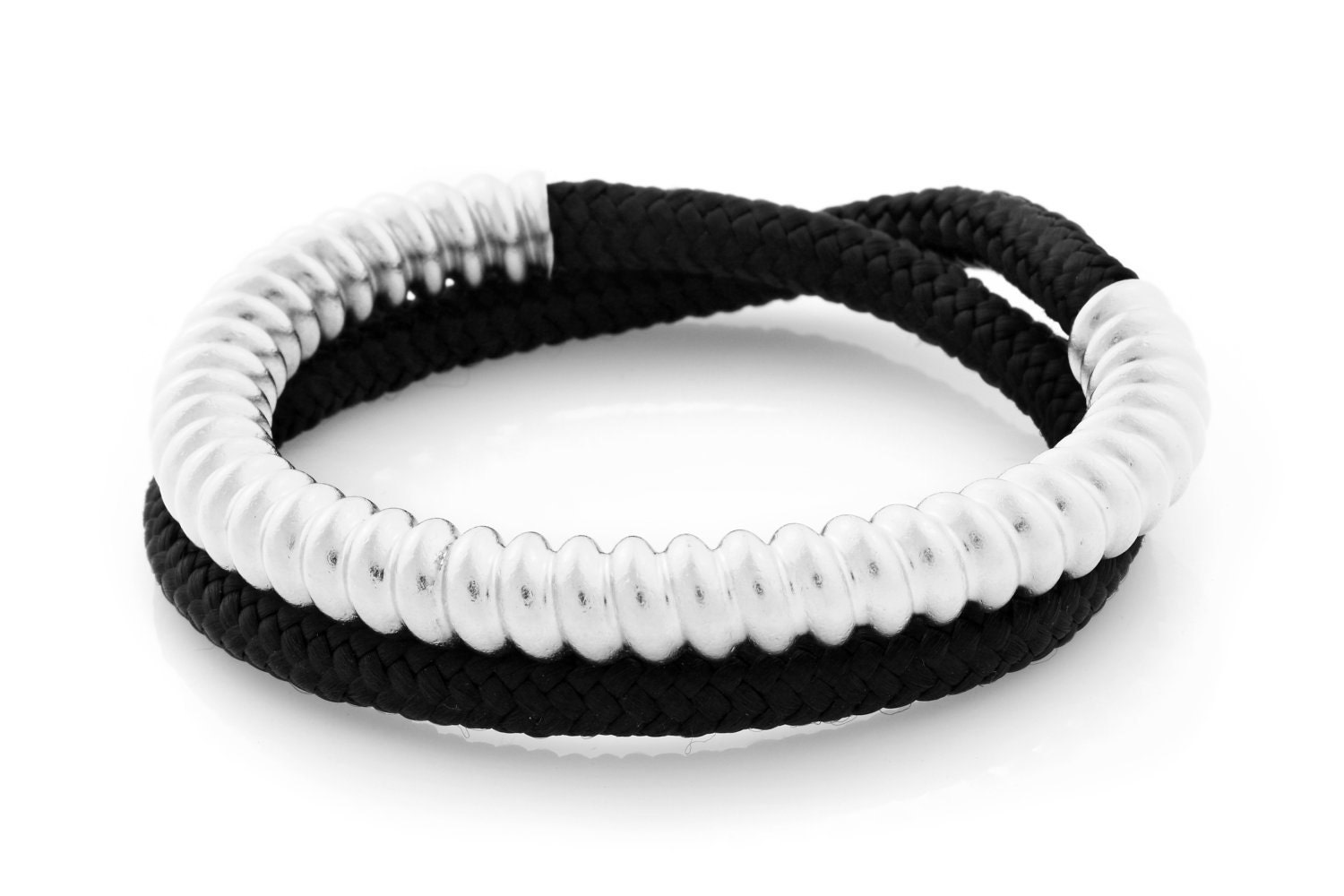 Silver Coated Textured Pipe and Black Microfiber Bracelet