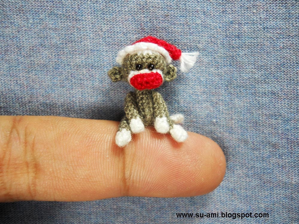 Miniature Sock Monkey With Santa Hat - Tiny Mini Crocheted Grey Monkeys - One Inch Scale