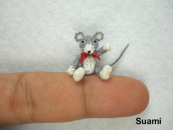 Lovely Tiny Mouse With Red Bow - Micro Crochet Dollhouse Miniature Mice - Made To Order