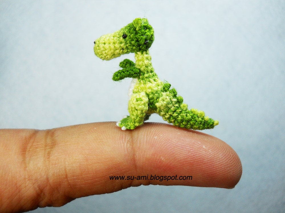 Tiny Green Tyrannosaurus - Dollhouse Miniature Dinosaurs - One Inch Scale - Micro Crochet Dinosaur - Made To Order