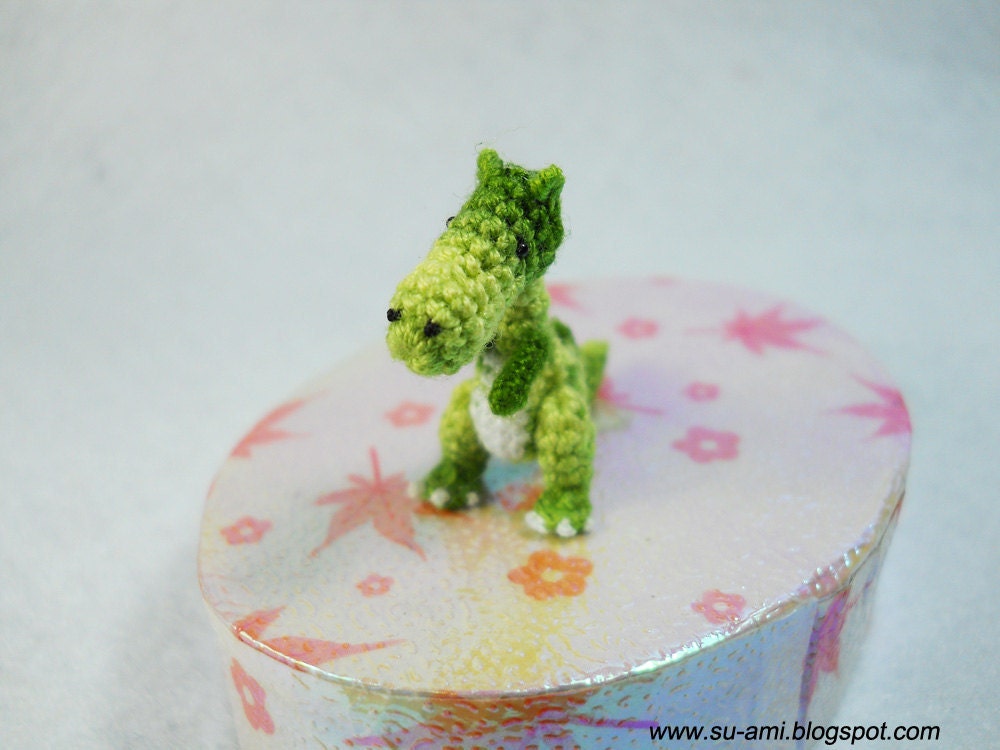 Tiny Green Tyrannosaurus - Dollhouse Miniature Dinosaurs - One Inch Scale - Micro Crochet Dinosaur - Made To Order