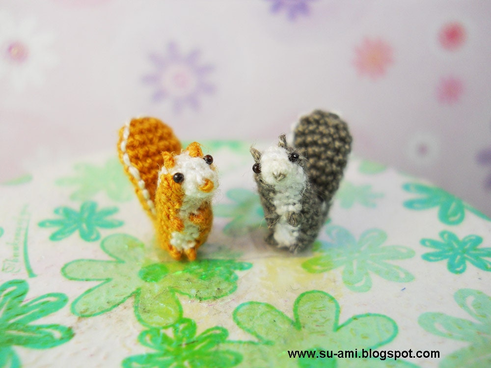 Teeny Tiny Squirrels - Micro Amigurumi Miniature Crochet Tiny Animals - Set of Two Squirrels - Made To Order
