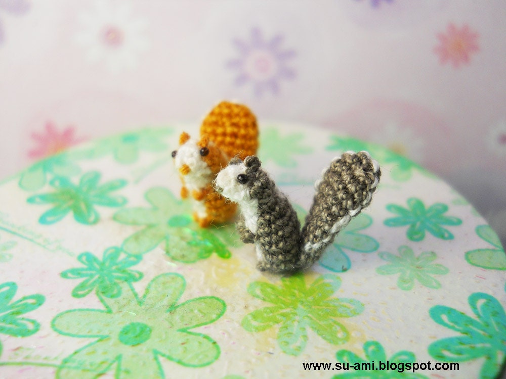 Teeny Tiny Squirrels - Micro Amigurumi Miniature Crochet Tiny Animals - Set of Two Squirrels - Made To Order