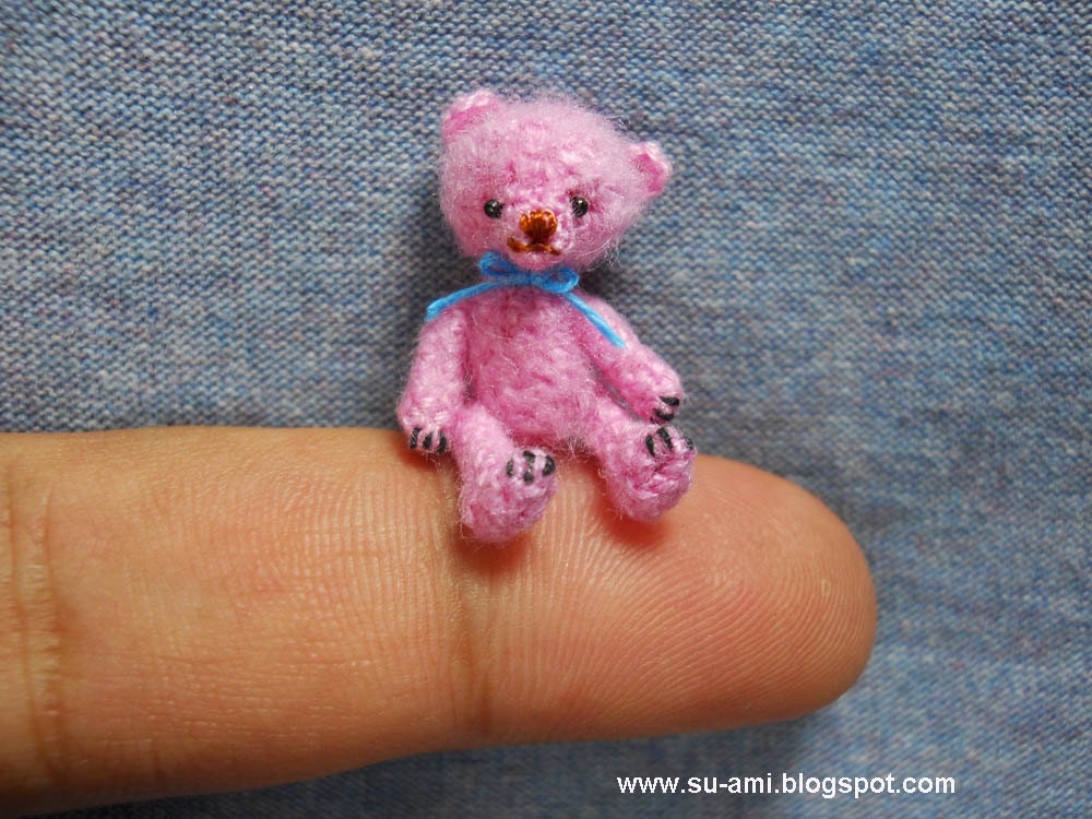 Miniature Pink Bear - Mini Tiny Crochet Bear - Mohair Bear Blue Bow