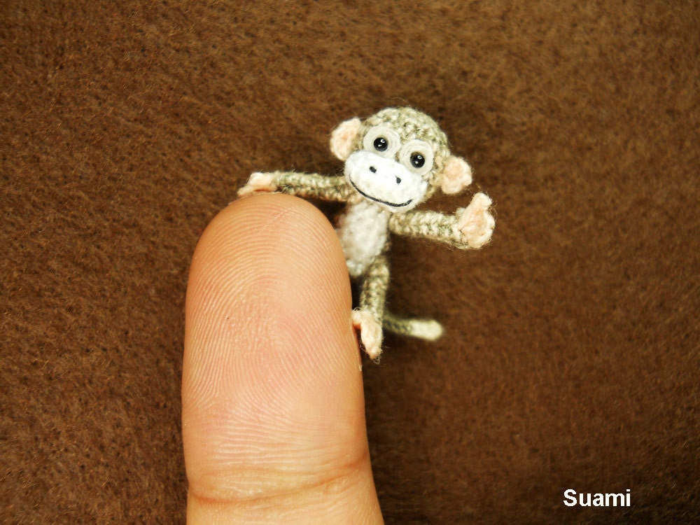 Lovely Tiny Monkey - 1 inch Scale Micro Crochet Gray Thread Monkeys - Made To Order