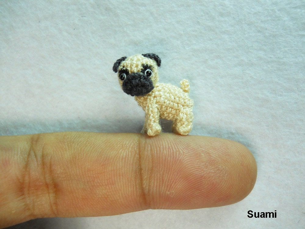 Micro Miniature Tan Pug Dog - Teeny Tiny Dollhouse Miniature Pet - Thread Crochet Animals - Made To Order
