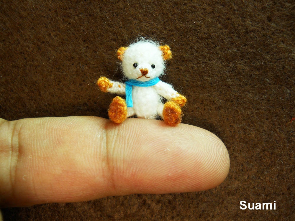Cute White Bear Blue Bow - Micro Thread Artist Crochet Miniature Mohair Bear - Made To Order
