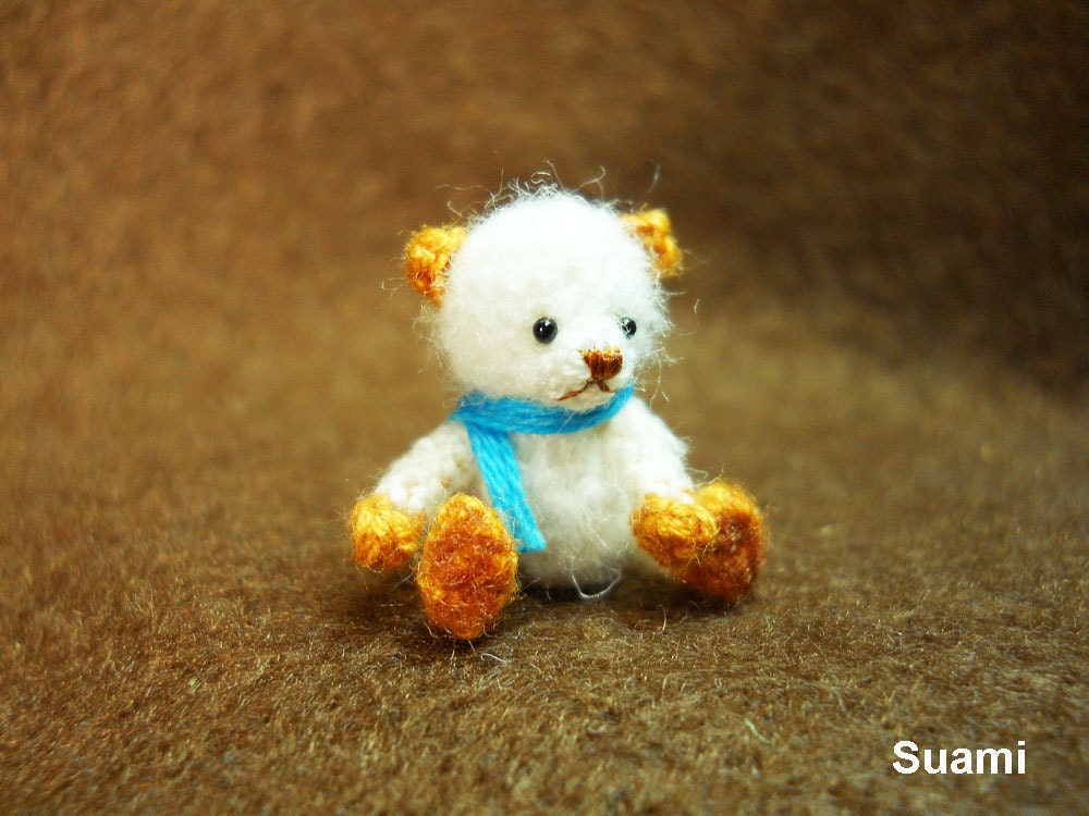 Cute White Bear Blue Bow - Micro Thread Artist Crochet Miniature Mohair Bear - Made To Order