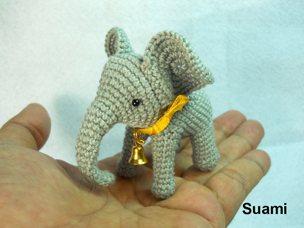 Crochet Elephant  - Tiny Crocheted Elephant With  Bell  - Made To Order