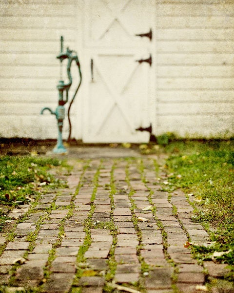 Cottage Decor Shabby Chic Decor Country Farmhouse Print Cream, Green - Barn Door Brick Path - Cottage Style Decorating Print.