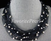 Pearl Necklace - 20 Rows 16-18 Inches 4-5mm White Color Natural Freshwater Pearl Black Ribbon Necklace - Free Shipping