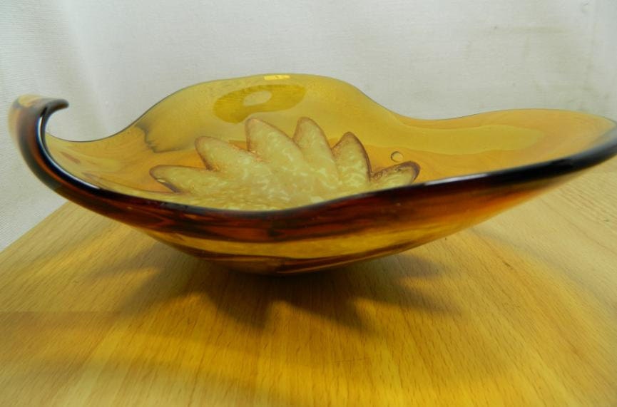 Reserved Mid Century Hand Blown Art Glass Dish Golden Caramel