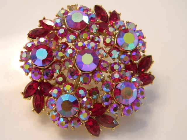 Trifari Rhinestone Brooch, Ruby Red AB, PRISTINE, Layered Dimensional
