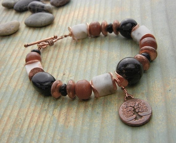 Tree of Life antique copper charm bracelet with goldstones, jasper gemstones, calcite crystals & copper beads funky bracelet