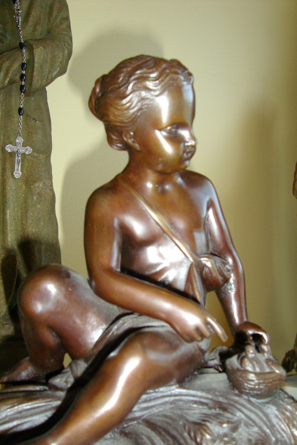 Antique Bronze Statue Little Girl on Marble Base