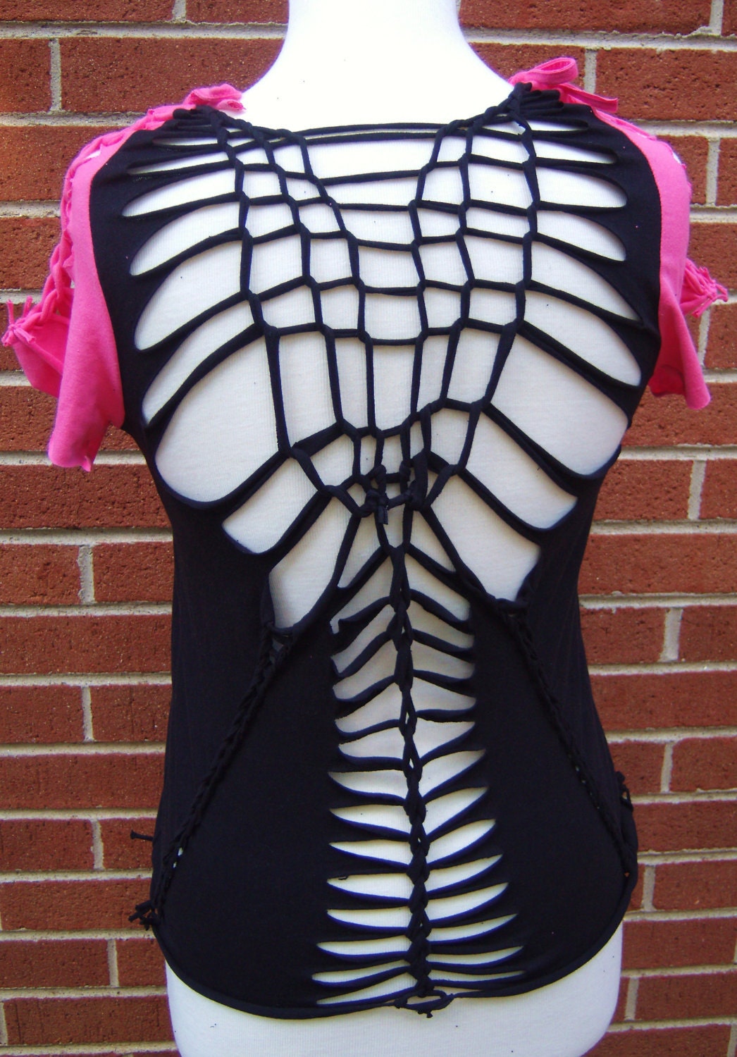 ripped t shirt braided shredded embroidered black and pink shot through the heart altered couture