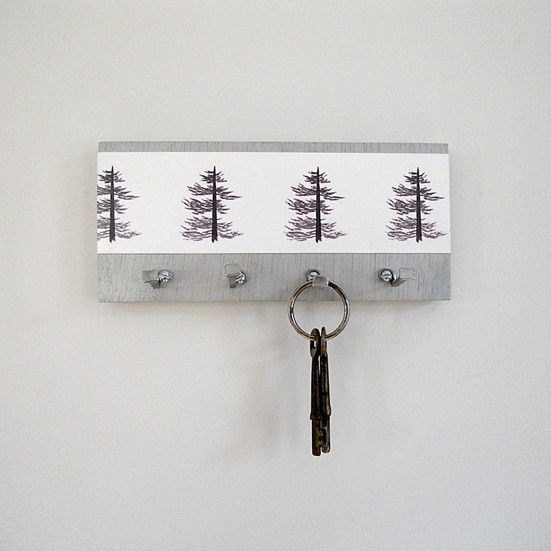 PINE: key holder wall key hooks art print pine trees