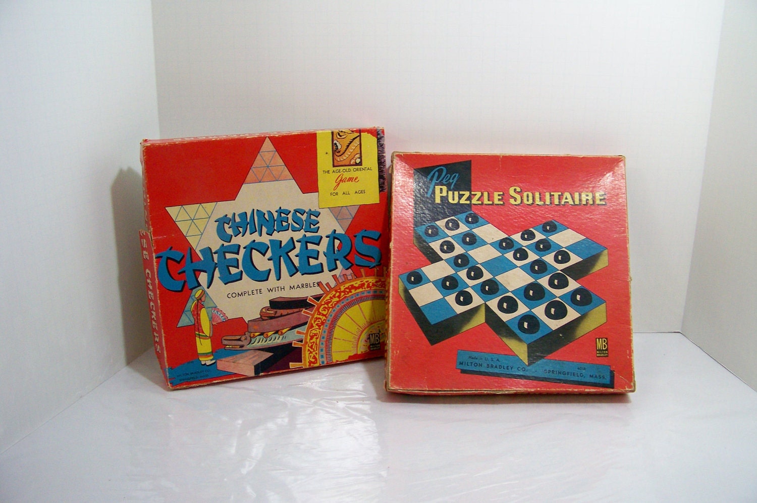 Vintage Milton Bradley Board Game 1950s Chinese Checkers and Peg Puzzle Solitaire