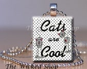 Scrabble Tile Pendant - Cool Cat - on black and white polka dots - Free Silver Plated Ball Chain (CC4)