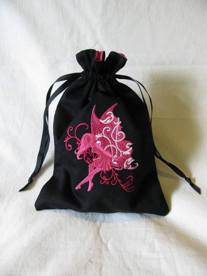 Drawstring Bag with Machine Embroidered Pink Fairy Design - Small