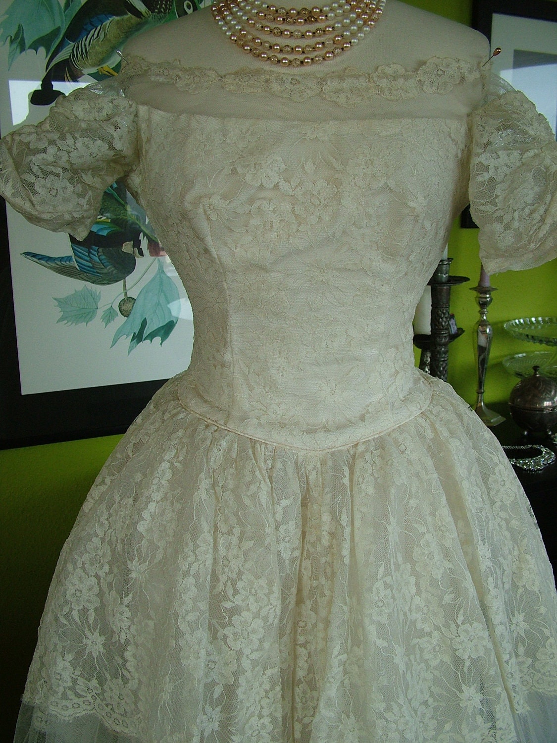 1950s Wedding Dress lace with tulle tea length retro destination wedding garden wedding