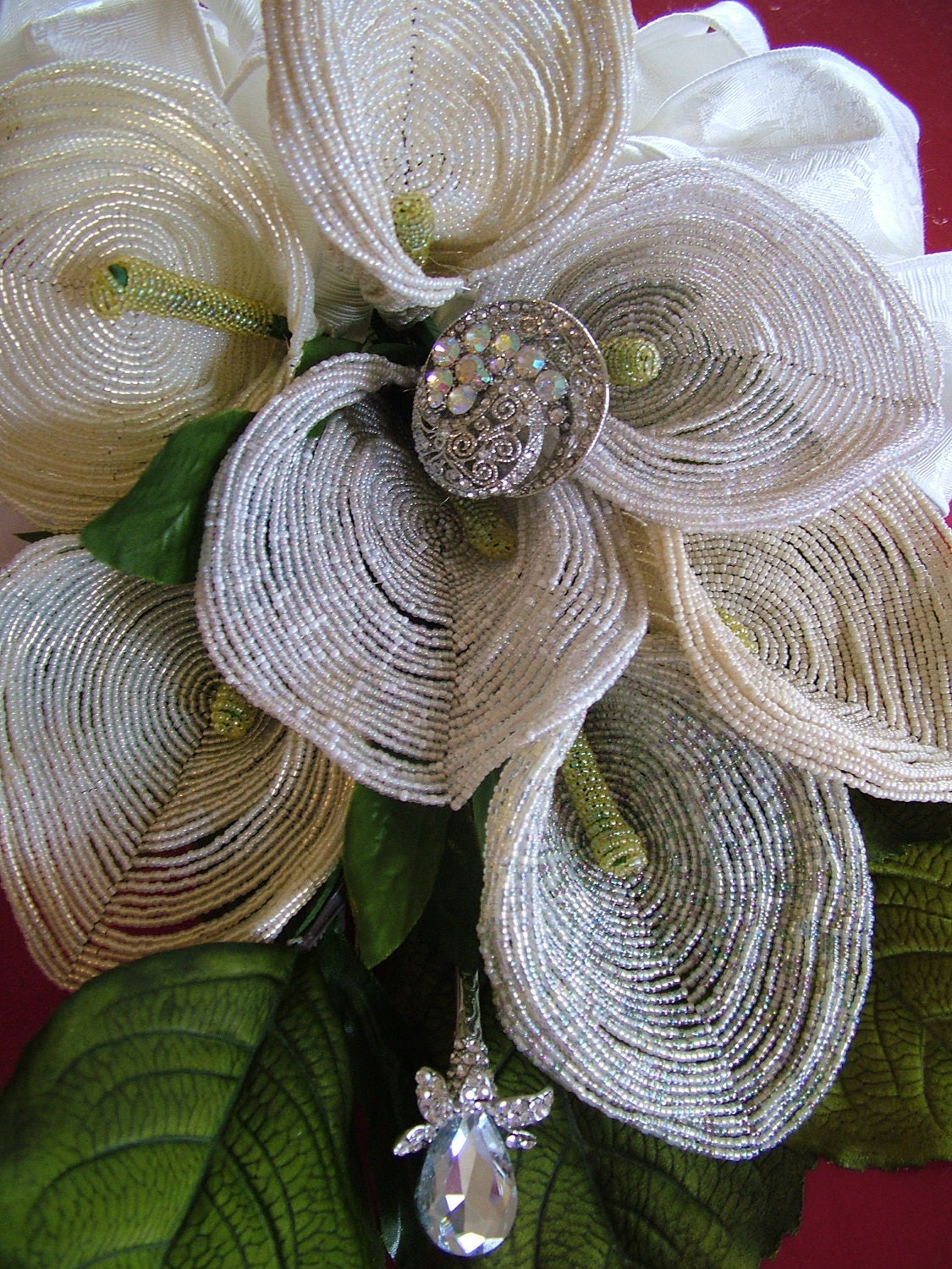 Wedding Bouquet handmade French beaded flowers and rhinestone brooches heirloom forever