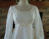 Wedding dress gown vintage 1970s romantic hippie boho chiffon empire lace appliques