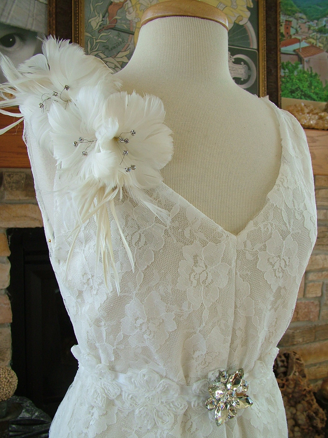 Wedding Gown 1930s Inspired Lace bias cut bridal gown flowers made of feathers rhinestones