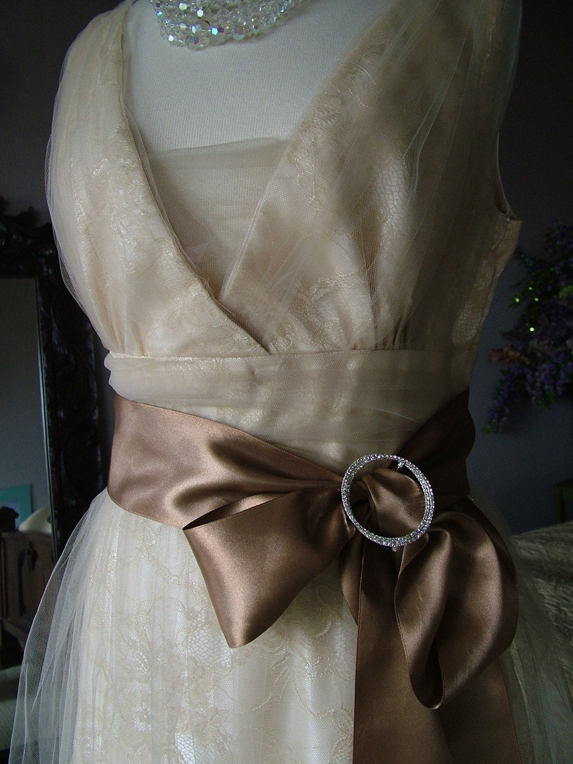 Vintage Inspired Wedding dress with 1950s feel chantilly lace latte tulle original handmade