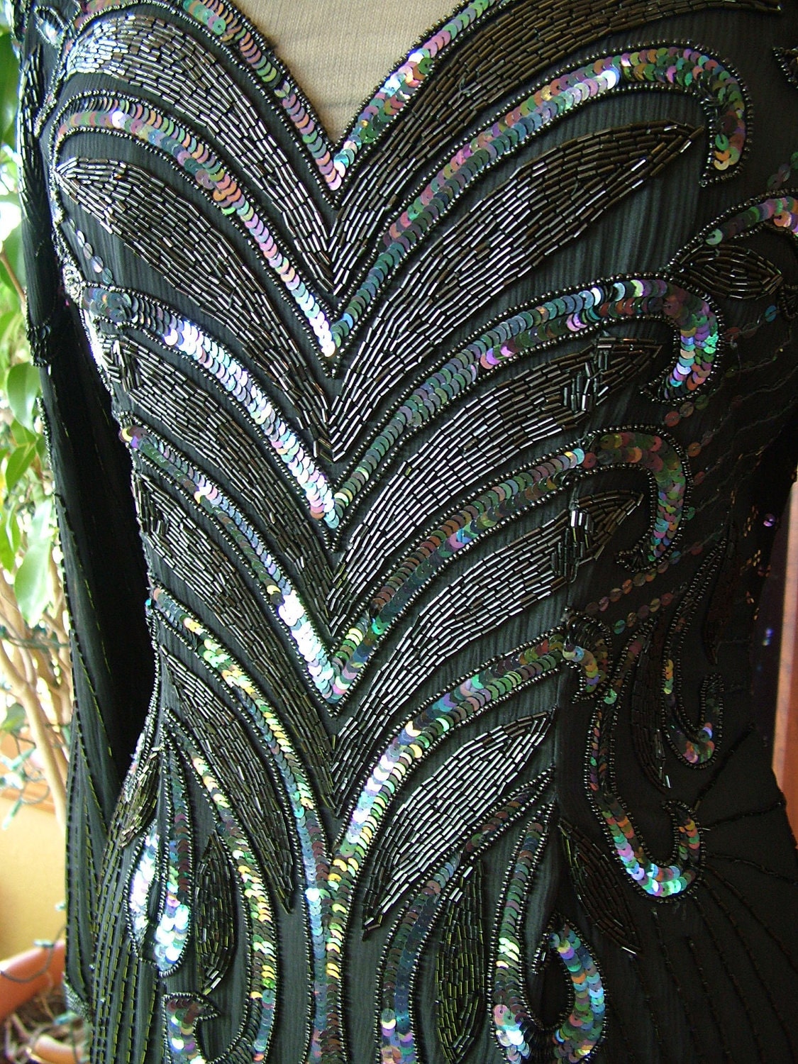 Black sequined beaded cocktail party dress 1980s does 1920s wedding bridesmaids dress
