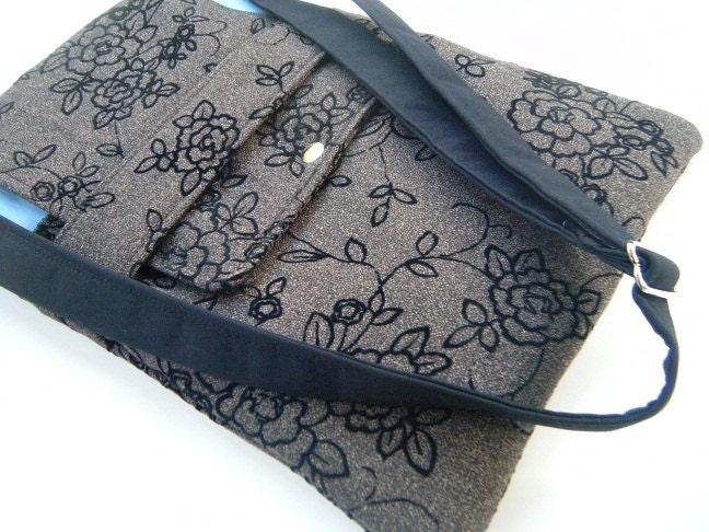 11, 13, 15 or 17 inch macbook laptop sleeve-laptop case-laptop cover-padded-Midnight kisses Dark floral on grayish brown accent with blue