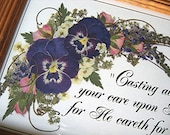 Christian Art  Scripture With  Pressed Purple Pansies, "Casting All Your Cares..."  Reproduction in Oak Frame