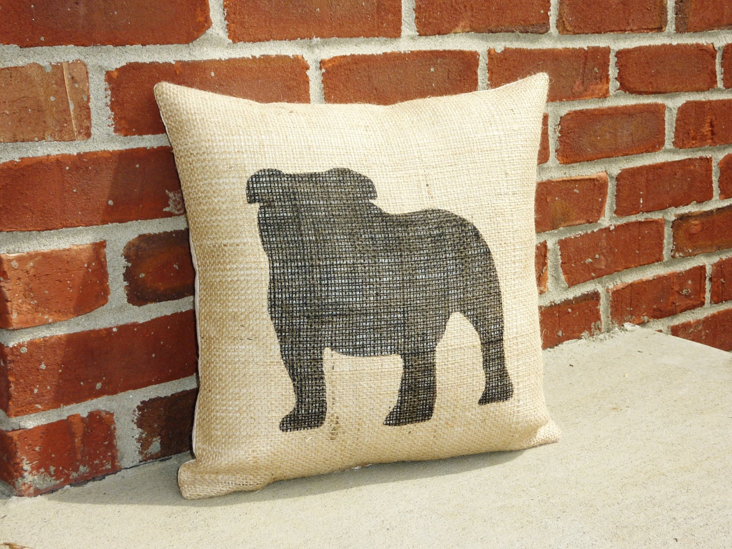 Handmade Stenciled English Bulldog Silhouette Burlap Pillow-Insert Included